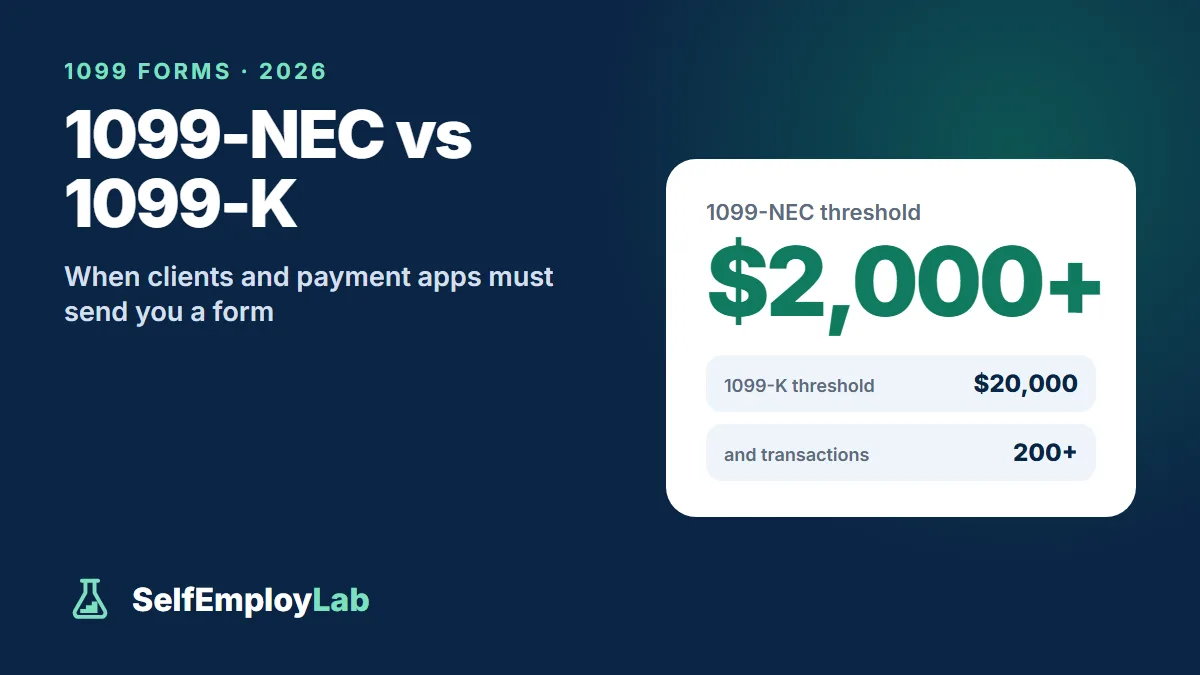 2026 1099 thresholds: 1099-NEC when a client pays you $2,000 or more; 1099-K from payment apps above $20,000 and 200 transactions. Income is taxable either way.