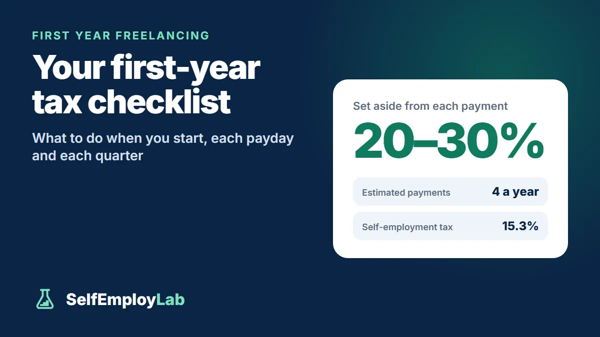 First-year freelancer tax checklist: set aside about 20 to 30% of each payment, make four estimated payments a year, and plan for 15.3% self-employment tax.
