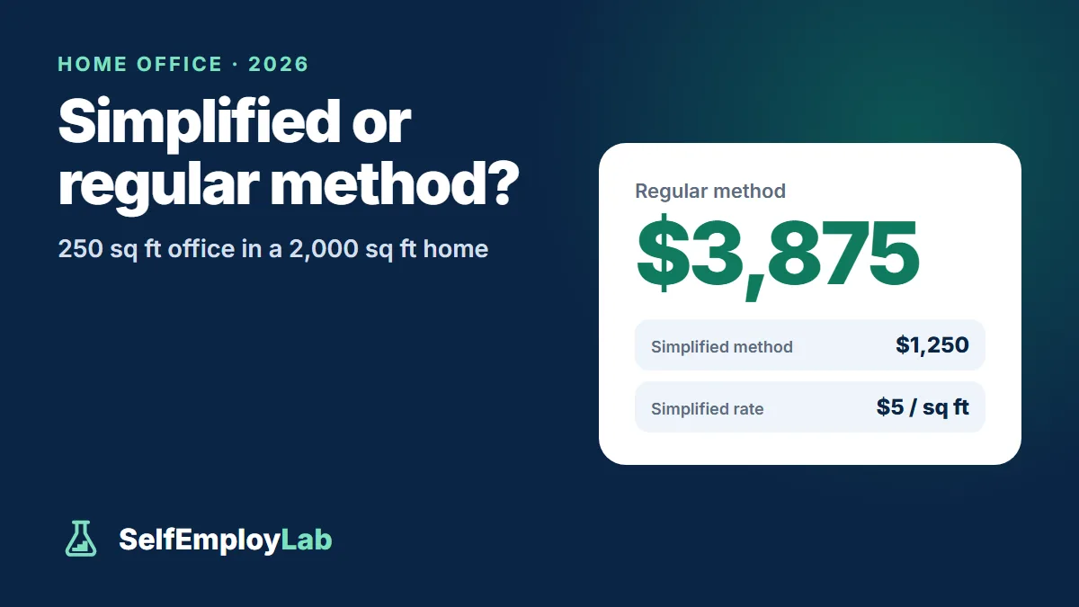 Home office deduction 2026 example: a 250 sq ft office in a 2,000 sq ft home deducts $3,875.60 with the regular method versus $1,250 with the $5 simplified method.