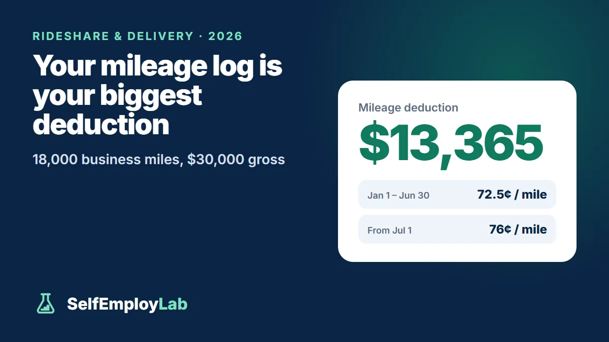 Rideshare driver tax example for 2026: 18,000 business miles at 72.5 and 76 cents deduct $13,365 from $30,000 of gross platform income.