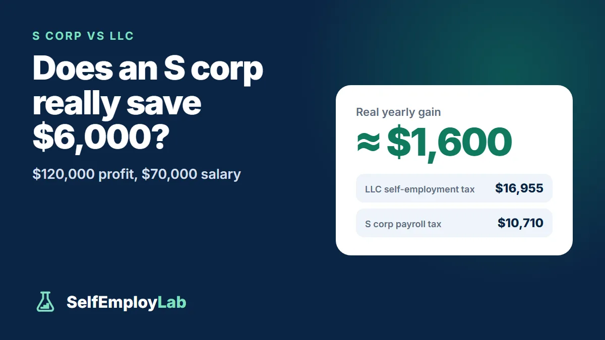 S corp vs LLC at $120,000 profit: self-employment tax $16,955 vs $10,710 payroll tax on a $70,000 salary; about $6,245 on paper, closer to $1,600 a year after costs.