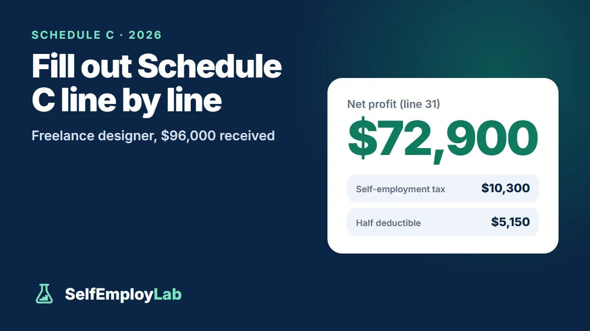 Schedule C 2026 example: a freelancer with $96,000 received reaches $72,900 of net profit on line 31 and owes about $10,300 of self-employment tax.