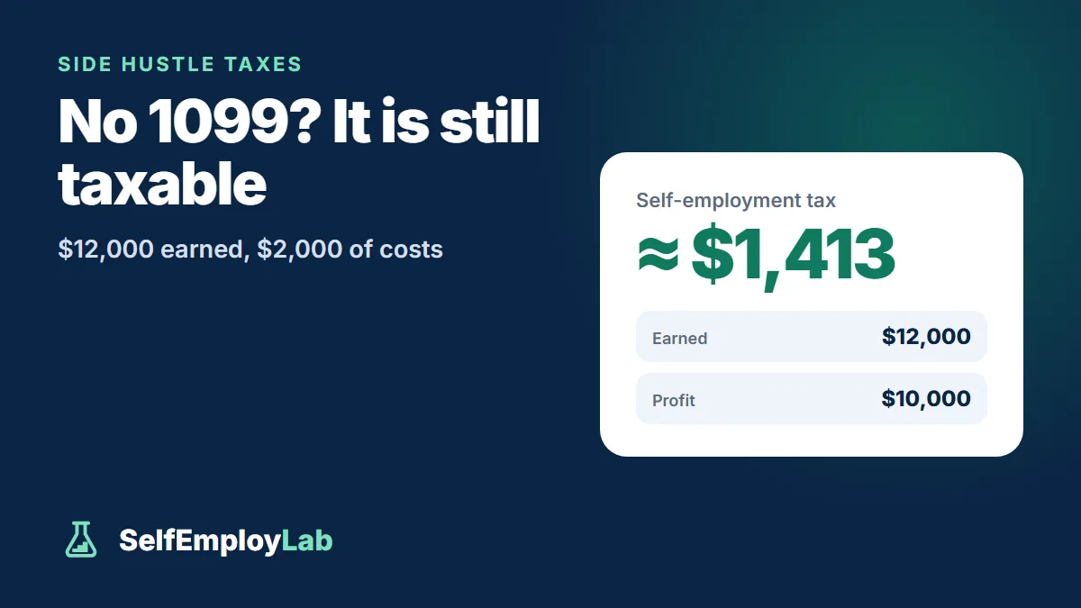 Side hustle tax example: $12,000 earned minus $2,000 of costs leaves $10,000 profit and about $1,413 of self-employment tax, plus income tax.