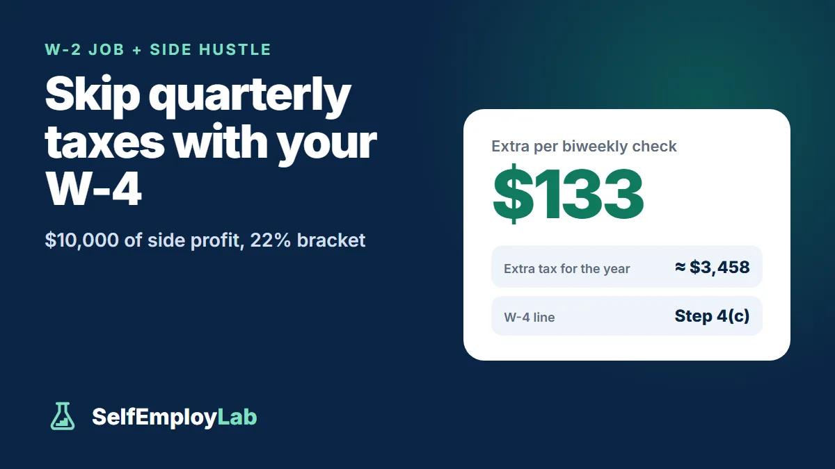 Side hustle withholding example for 2026: $10,000 of side profit adds about $3,458 of tax, or $133 per biweekly paycheck via W-4 Step 4(c).